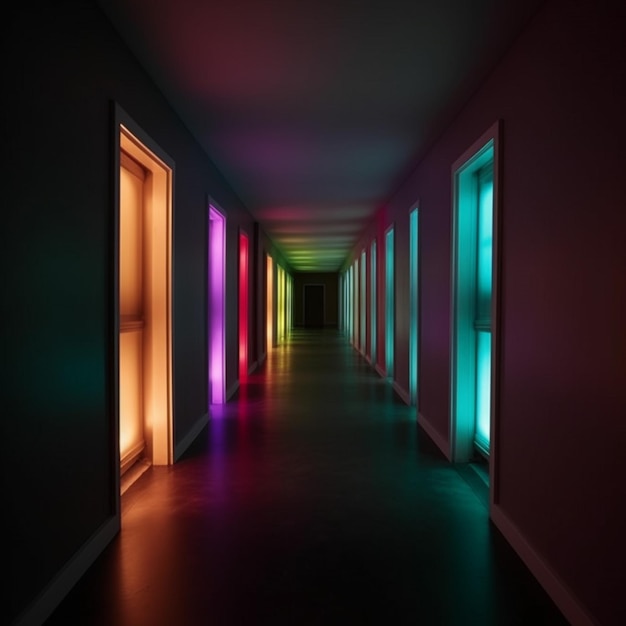 Un couloir avec des lumières colorées sur les murs et un long couloir avec un long couloir.