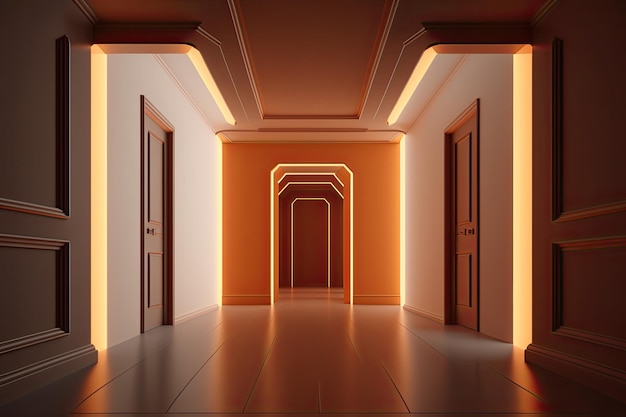 Un couloir avec des lumières orange et une rangée de portes.