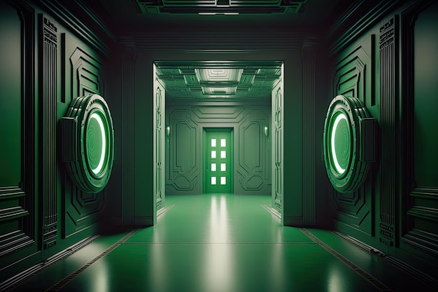 Un couloir avec des lumières vertes et une porte avec un cercle vert dessus.