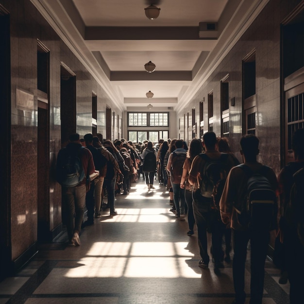 Couloir lumineux dans un bâtiment scolaire avec des centaines de personnes Les étudiants et les élèves vont en classe