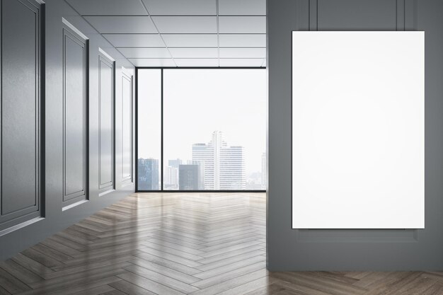 Couloir lumineux moderne avec fenêtre vue sur la ville lumineuse et réflexions sur le plancher en bois Maquette affiche sur le mur Rendu 3D