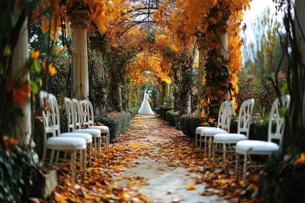 Photo couloir de mariage coloré avec des fleurs et des feuilles d'automne idées d'inspiration de style de décoration