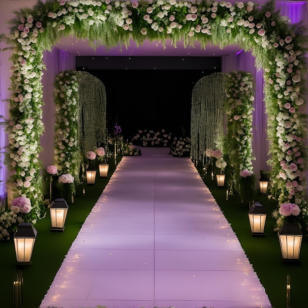 Un couloir de mariage décoré de fleurs et de lanternes