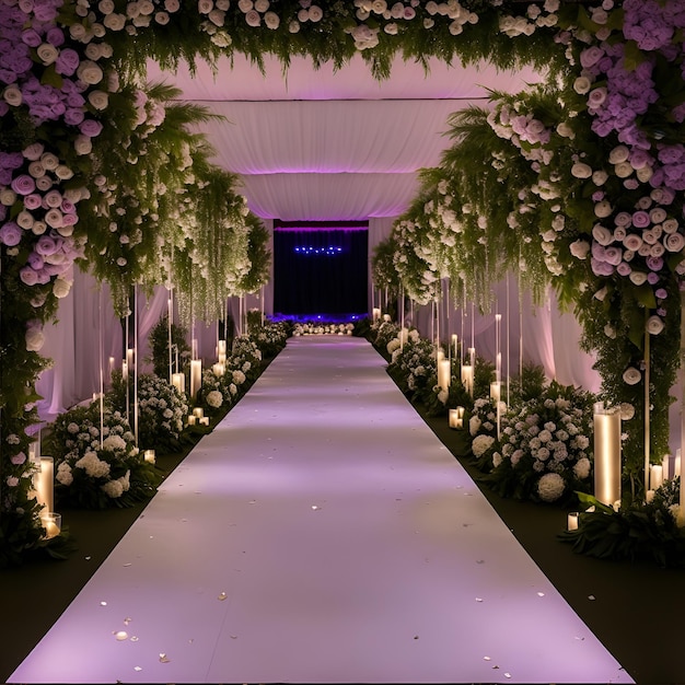 Un couloir de mariage avec des fleurs et des bougies