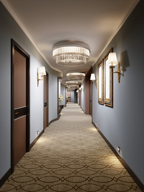 Couloir moderne luxueux aux murs bleus, niches décoratives avec consoles et lustres en verre. Aménagement intérieur du hall avec une porte vers les chambres d'hôtel. rendu 3D