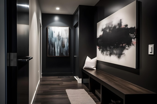 Un couloir avec un mur noir et une peinture blanche sur le mur