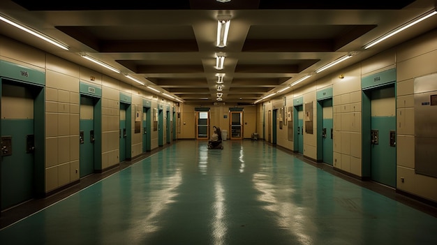 Un couloir avec des portes bleues et un panneau indiquant "la pièce est vide"