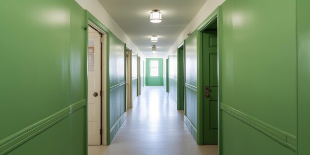 Un couloir avec des portes vertes et une porte qui dit "porte verte"