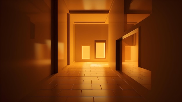Couloir rendu 3D avec carrelage et lumière du soleil