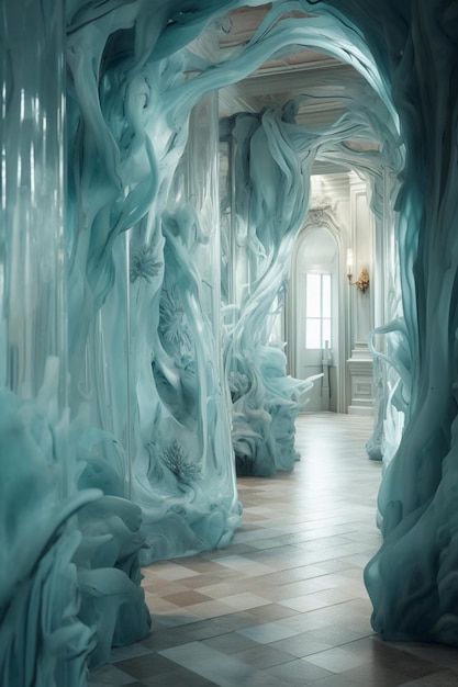 Un couloir avec un rideau en tissu bleu.