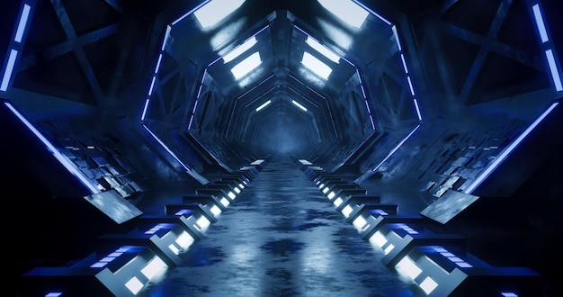 Couloir de science-fiction en métal sombre rendu 3d avec néon bleu