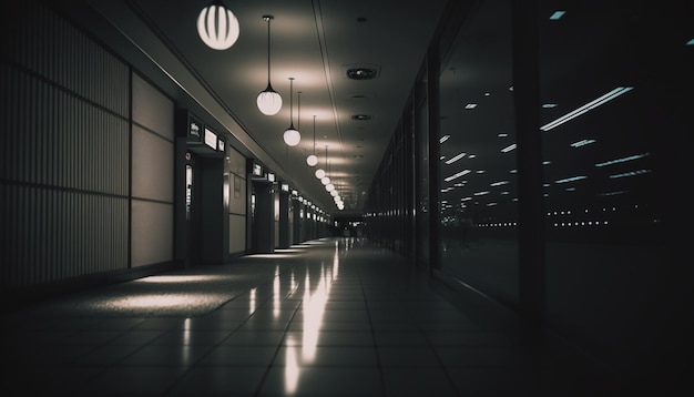 Un couloir sombre avec des lumières suspendues au plafond et un panneau Hospital Airport