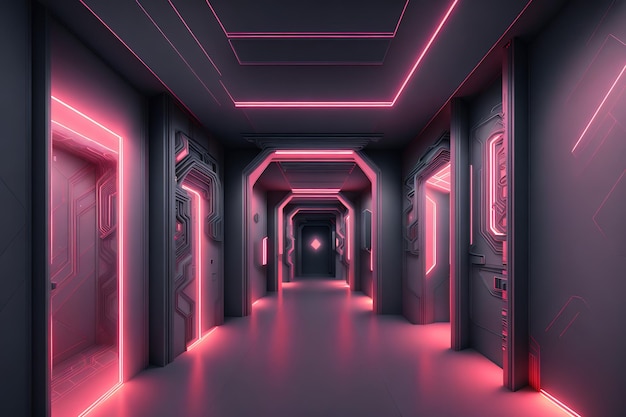 Un couloir sombre avec des néons et une porte qui dit "cyberpunk"