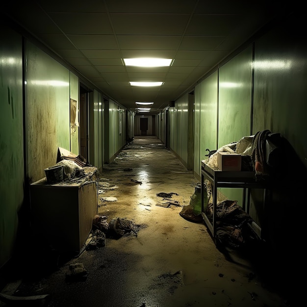 Un couloir sombre avec des ordures et des équipements d'hôpital