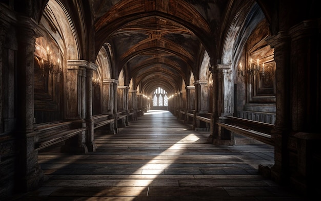 Un couloir sombre avec une rangée de bancs et une lumière qui brille au plafond.