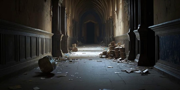 Un couloir sombre avec un tas de débris sur le sol et un grand morceau de papier sur le sol.