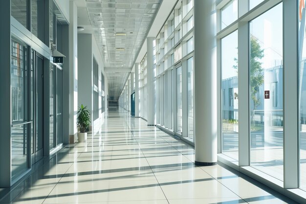 Un couloir spacieux de l'hôpital avec un sol réfléchissant et de la lumière naturelle provenant de grandes fenêtres