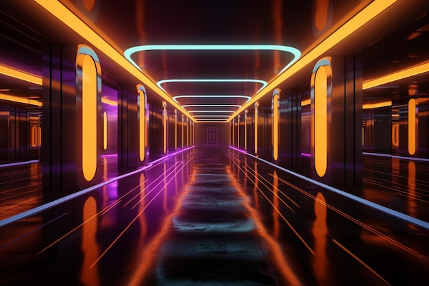 Un couloir de stationnement souterrain moderne se transforme en une salle de scène futuriste vide