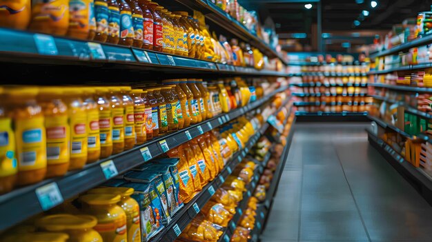 Un couloir de supermarché avec des produits bien disposés sur des étagères propres
