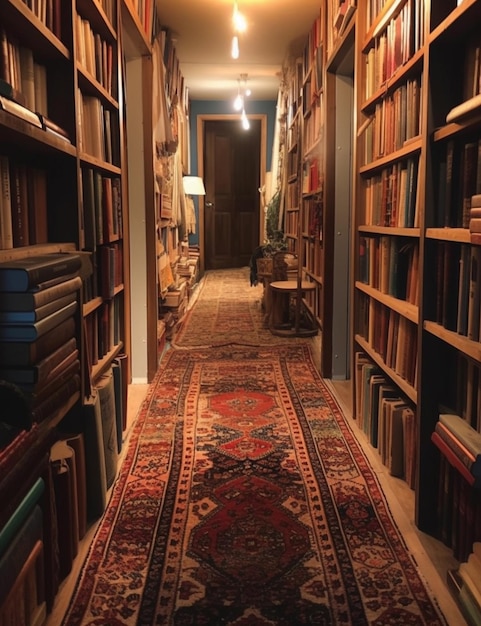 Un couloir avec un tapis au sol et un grand nombre de livres sur les étagères.