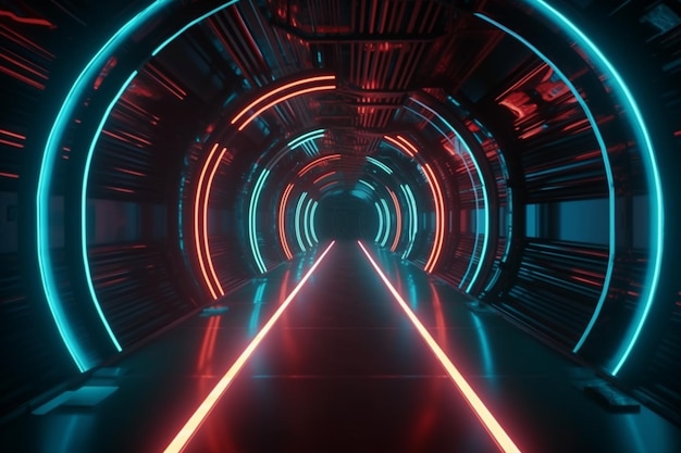 Couloir de tunnel scifi futuriste avec lumières rougeoyantes rendu 3D IA générative