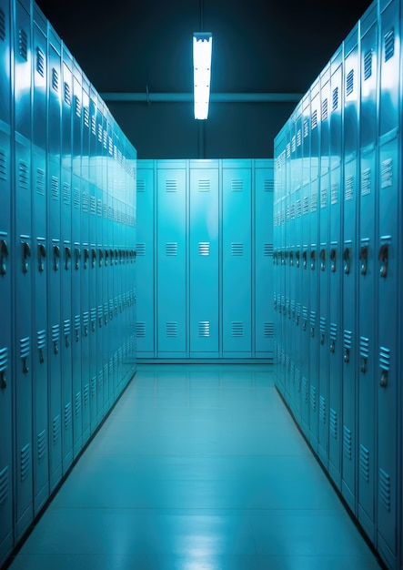 Couloir universitaire avec rangée bleue moderne de casiers sur le mur intérieur propre de l'école Generative Ai