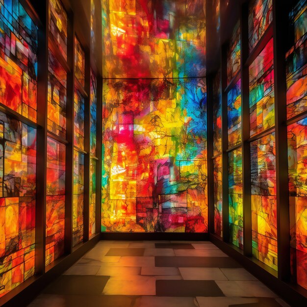 Un couloir avec des vitraux et une lumière colorée.