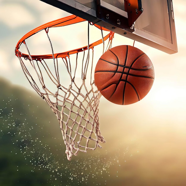 Un coup de basket-ball tombe à travers le cerceau et le filet sur un fond naturel.