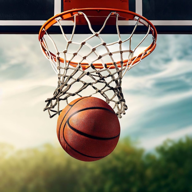 Un coup de basket-ball tombe à travers le cerceau et le filet sur un fond naturel.