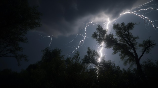 Un coup de foudre dans le ciel avec des arbres en arrière-plan