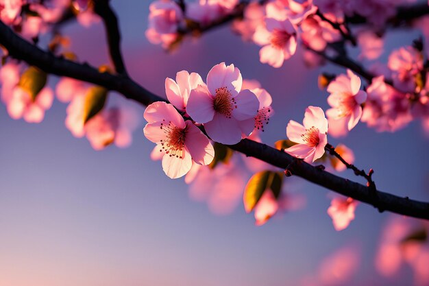 Coup de macro d'un arbre de fleurs de cerisier et coucher de soleil