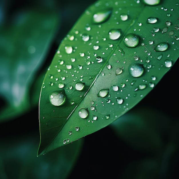 Coup de macro d'une goutte de pluie sur une feuille verte Generative AI