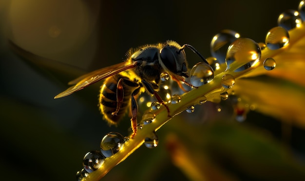 Coup de macro d'insecte sur l'herbe Vue rapprochée de l'abeille assise ai générative