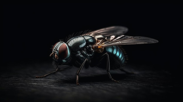 Coup de macro d'une mouche isolée sur fond noir avec clipping pathgenerative ai