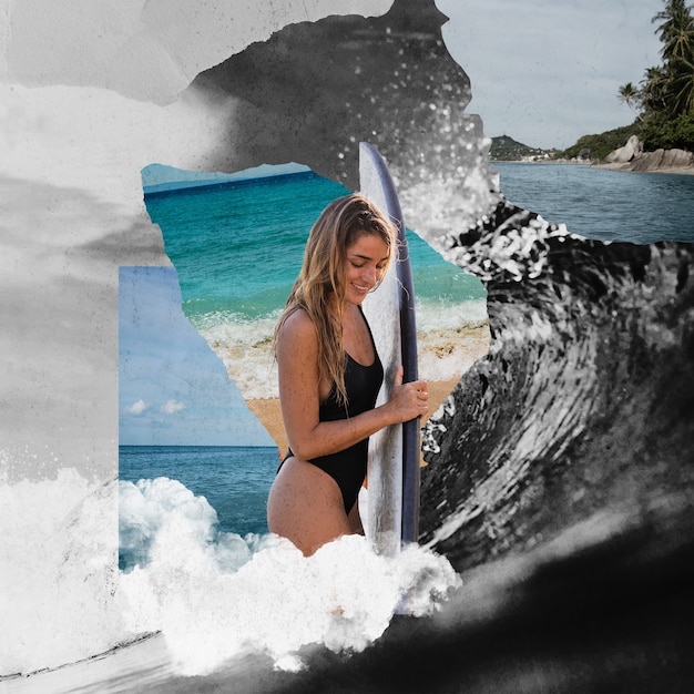 Coup moyen femme avec planche de surf