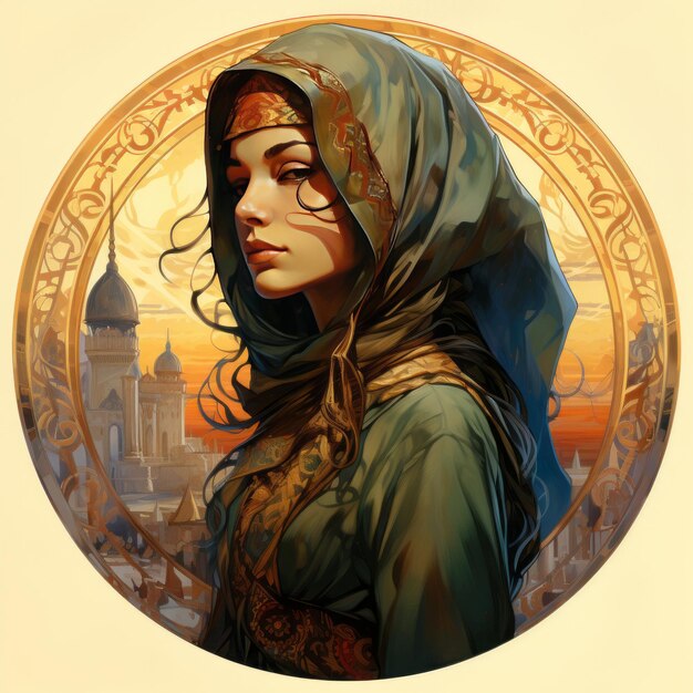 Un coup d'œil sur la grâce persane Alphonse Mucha Portrait inspiré d'une femme iranienne dans la rue vibrante