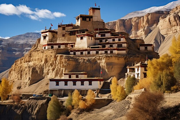 Photo un coup d'œil sur le monastère mystique de gompa gumba dans le village de ghiling explorant l'himalaya du haut mustang