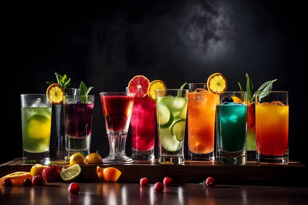 Coup de publicité de cocktails ou de boissons colorées avec des fruits Generative Ai