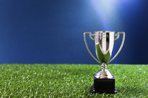 Coupe d'argent du championnat de football sur une herbe sur fond bleu