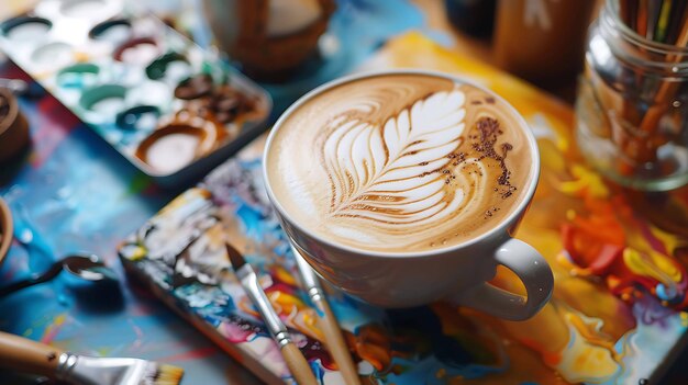 Coupe blanche de café avec une belle peinture au latte sur la table avec des pinceaux et de la peinture colorée renversée