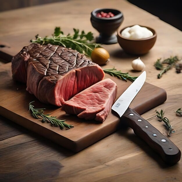 une coupe de bœuf avec un couteau une planche AI