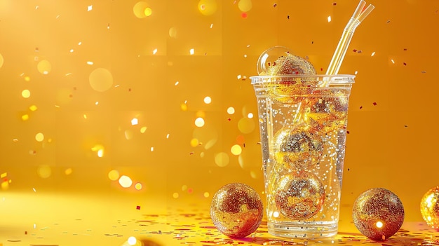 Coupe de boisson en plastique simple avec une paille et des boules de disco scintillantes sur un fond jaune et de l'espace IA générative