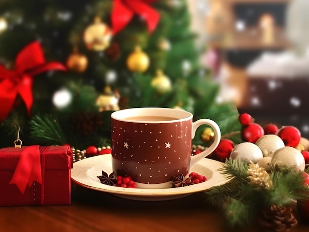 Coupe de café en céramique décorée de Noël avec un arrière-plan d'arbre de Noël