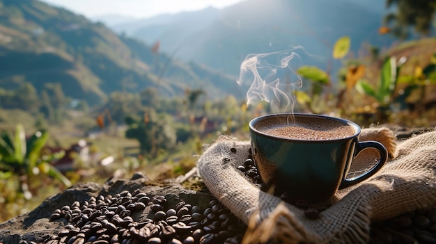 Coupe de café chaude avec des grains de café biologiques sur la table en bois et le fond des plantations avec