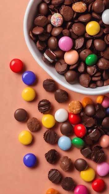 Coupe de café avec des chocolats et des bonbons de couleur vue supérieure sur le fond de la table avec espace de copie