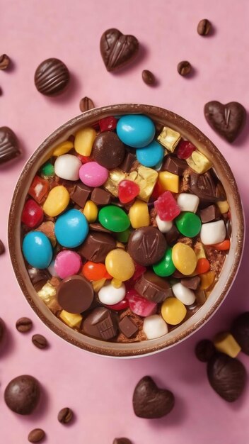 Coupe de café avec des chocolats et des bonbons de couleur vue supérieure sur le fond de la table avec espace de copie