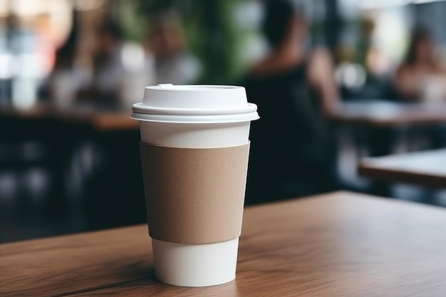 Photo coupe de café à emporter sur une table avec un fond de café flou