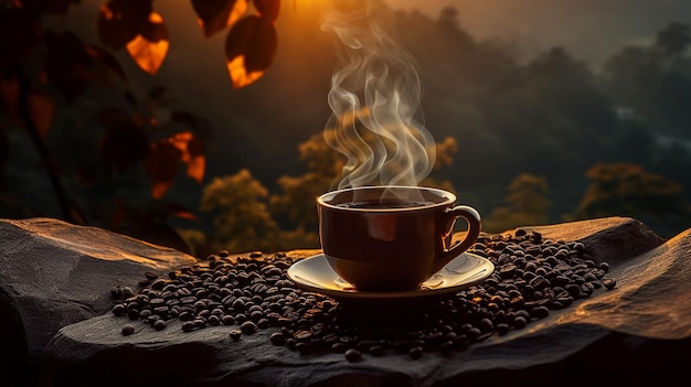 Coupe de café avec des grains de café sur fond de bois