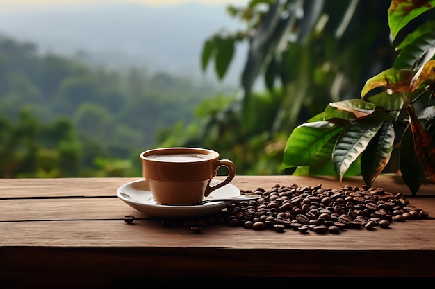 Photo coupe de café et grains de café sur une table en bois avec un fond naturel