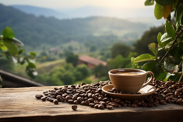 Photo coupe de café et grains de café sur une table en bois avec un fond naturel